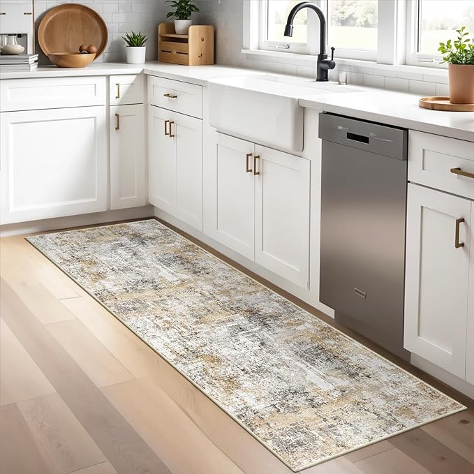 2x5 Non-Slip Washable Runner Rug – Modern Neutral Abstract Small Rug for Hallway, Kitchen, Bathroom, Bedroom, Entryway, Laundry Room – Thin Soft Low-Pile Rubber Backing (Gold Grey)