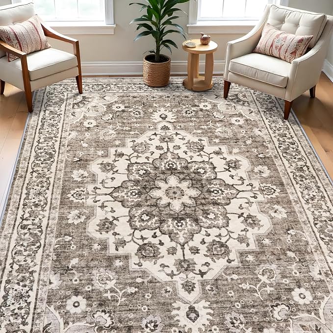 TOPRUUG Washable Oriental Area Rug - 7x9 Rugs for Living Room Soft Carpet for Bedroom Waterproof Floral Distressed Indoor Stain Resistant Non-Shedding Floor Carpets (Beige, 7x9)