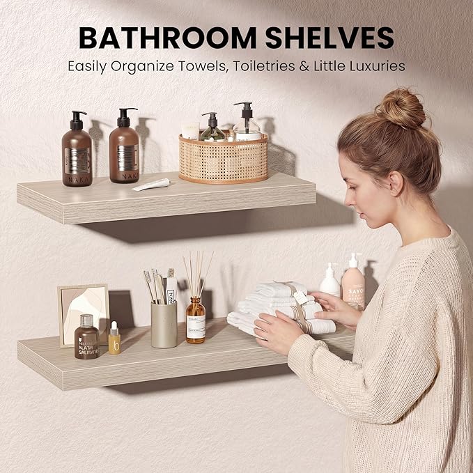 Floating Shelves for Wall, 24 Inch Floating Shelves Set of 2, Wall Mounted Rustic Wood Shelf for Bathroom, Living Room, Bedroom and Kitchen, Hanging Shelf for Storage, Books, Home Decor, Gray