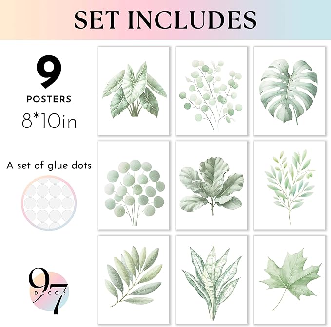 97 Decor Vintage Botanical Wall Art - Greenery Plant Posters For Room Aesthetic, Retro Green Plant Pictures Wall Decor, Vintage Botanical Prints For Home Bedroom Office Decorations (8x 10 Unframed)