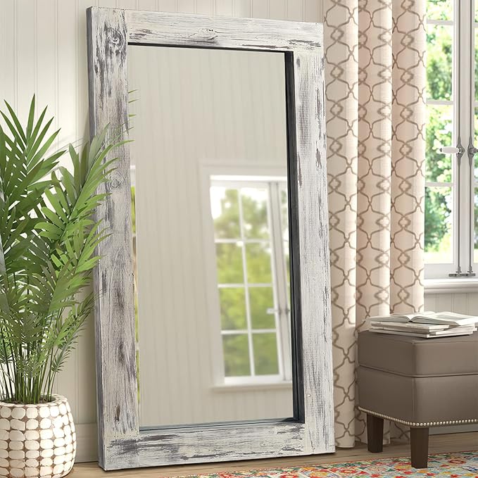NeuType Floor Mirror Full Length, 71x32in Rustic Wood Frame Full Body Dressing Mirror, Wall-Mounted or Leaning Against Wall Standing Mirror, Farmhouse Decor for Bedroom Living Room,Retro White