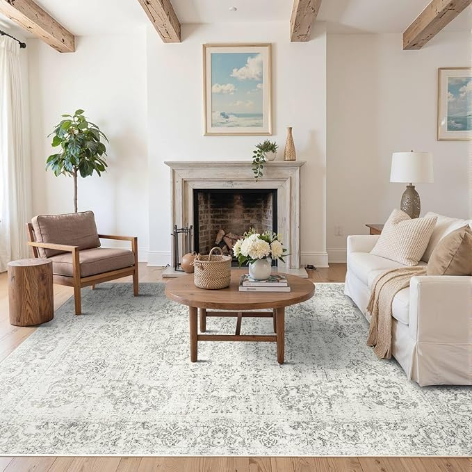 Rugxara 5X7 Washable Area Rug for Living Room, Neutral Vintage Large Boho Rugs for Office, Dining Room, Kids Room, Farmhouse, Durable Low Pile Non Slip Carpet for High Traffic Areas, Light Grey