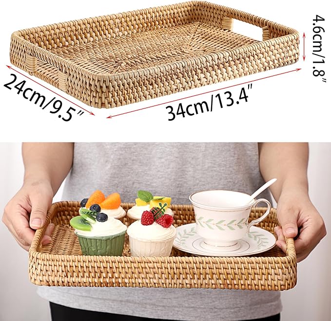 Hipiwe Handwoven Rattan Serving Tray Rectangular Wicker Tray with Handles Natural Decorative Trays for Storage Breakfast, Dessert, Fruit for Coffee Table, 13.4" L x 9.5" W