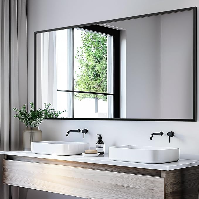 Antok 60x30 Black Metal Framed Bathroom Mirror, Square Edge Rectangular Wall Mirror, Vanity Mirror for Over Sink, Anti-Rust Tempered Glass, Horizontal/Vertical Hanging, Modern Farmhouse Decor