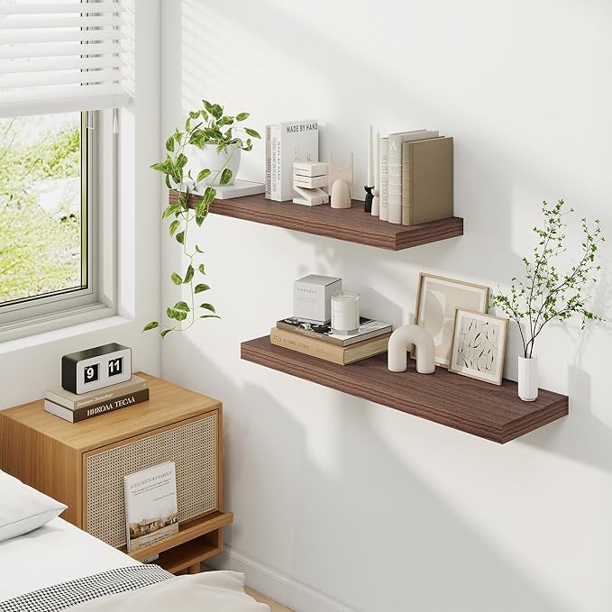 Fun Memories 9.3Inch Deep Floating Shelves for Wall, 32 Inch Rustic Wood Wall Mounted Shelves for Bathroom, Bedroom, Kitchen, Deep Floating Shelf for Storage & Home Decor (Walnut, Set of 2)