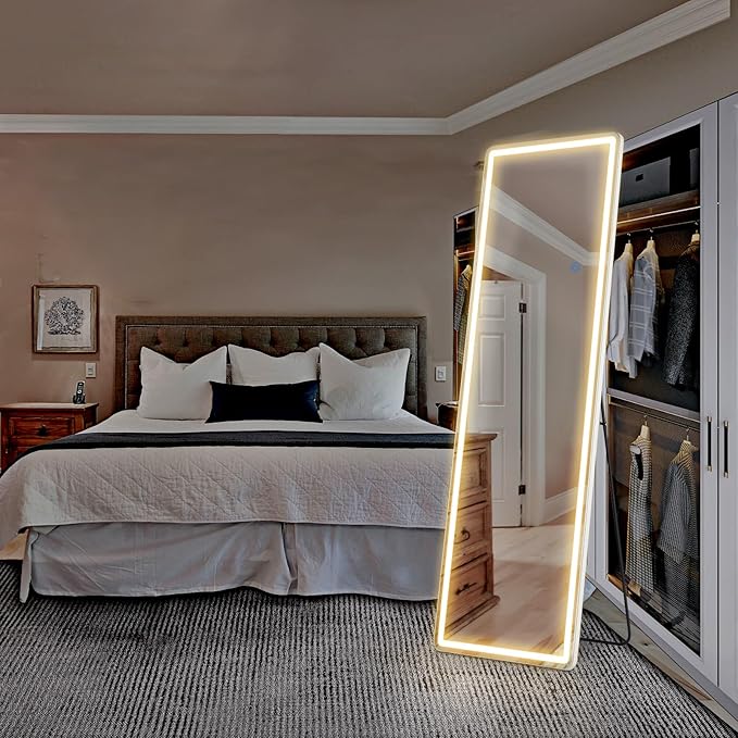 DUMOS LED Full Length Mirror, 20"×63" Floor Standing Mirror with 3 Color Lights & Wall Mounted for Bedroom, Dressing Room, Living Room, Bathroom