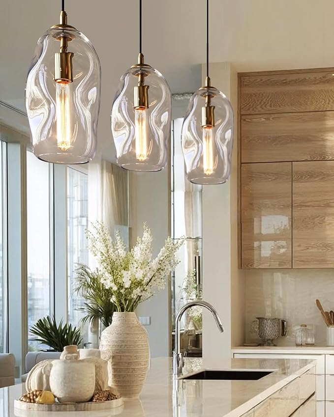 CASAMOTION Large Pendant Lights Modern Kitchen Island Lighting Blown Art Glass Gold and Clear Hanging Light for Dining Table Foyer Bedroom Entryway Hallway Lamp 12" Inch 1 Pack