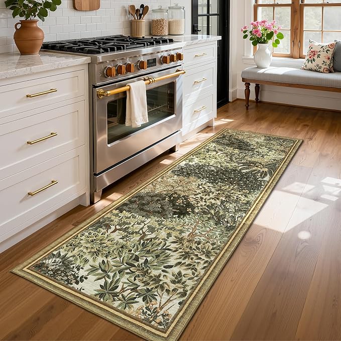 GarveeHome Forest Runner Rug, Brown Green Washable Runner Rug 2x6 for Kitchen, Botanical Low Pile Non Slip Stain Resistance Woodland Hallway Rug for Entryway Bedroom Laundry Room