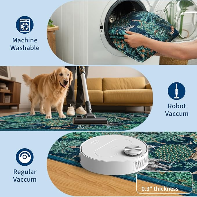 GarveeHome Jungle 8x10 Area Rug Washable Rugs for Living Room, Forest Rug Non Slip Low Pile Soft Indoor Stain Resistance Animal Print Carpet for Bedroom Dining Room Playroom Nursery, Blue