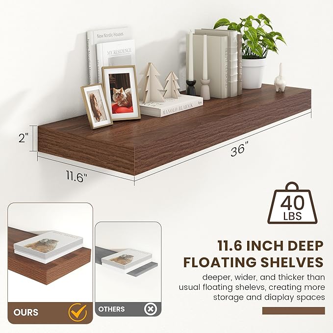 FLYJOE 12 Inch Deep Floating Shelves | 36 Inch Walnut Floating Shelves | 36" W x 12" D Rustic Wood Shelves for Wall | Deep Walnut Shelves for Living Room Bathroom Laundry Room Kitchen