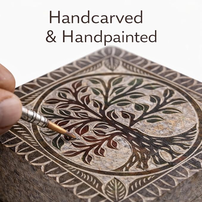Hand Carved Marble Soapstone Square Shape Jewellery Box | Storage Organizer | Decorative Trinket Ornament Holder. (Multicolor, Length 4 Inch x Width 4 Inch x Height 2 Inch)