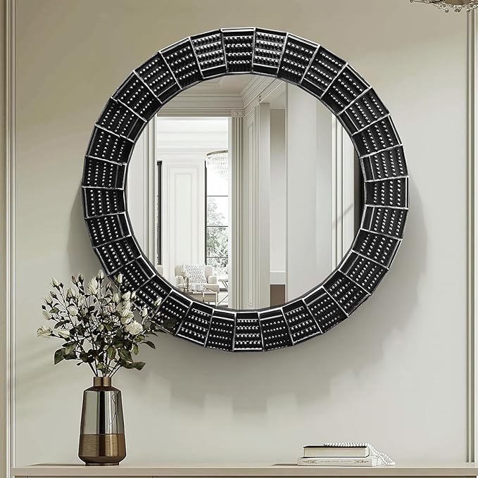 30 Inch Decorative Wall Mirror, Black Mirrors for Wall Decor, Round Wooden Wall Art Mirror, Large Wall Mirrors for Living Room,Bedroom, Bathroom, Entryway
