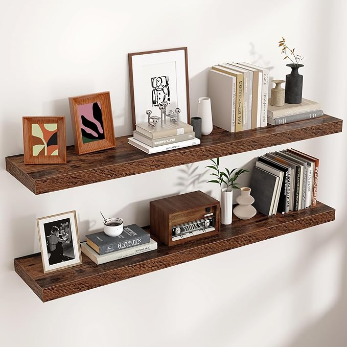 Venusmiles Floating Shelves for Wall, Engineered Wood Wall Shelves with Invisible Brackets for Living Room Bedroom Bathroom Office Kitchen Decor and Storage (Brown, 48" W x 9" D x 1.5" H) Set of 2