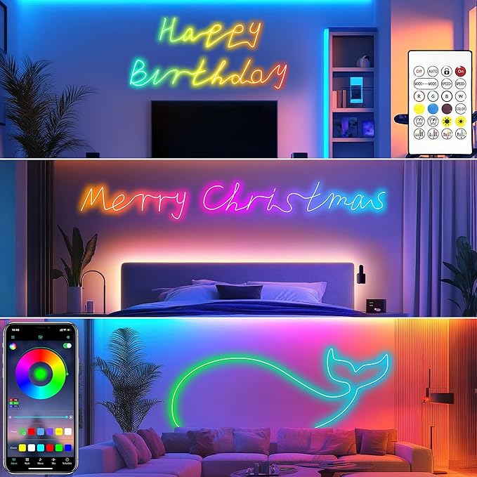 Cozylady RGB Neon LED Rope Lights, Waterproof Bluetooth APP Remote Control Music Sync Strip Lights, 24V Flexible DIY Silicone Light for Bedroom Home Indoor Outdoor Decor (36M/120Ft)
