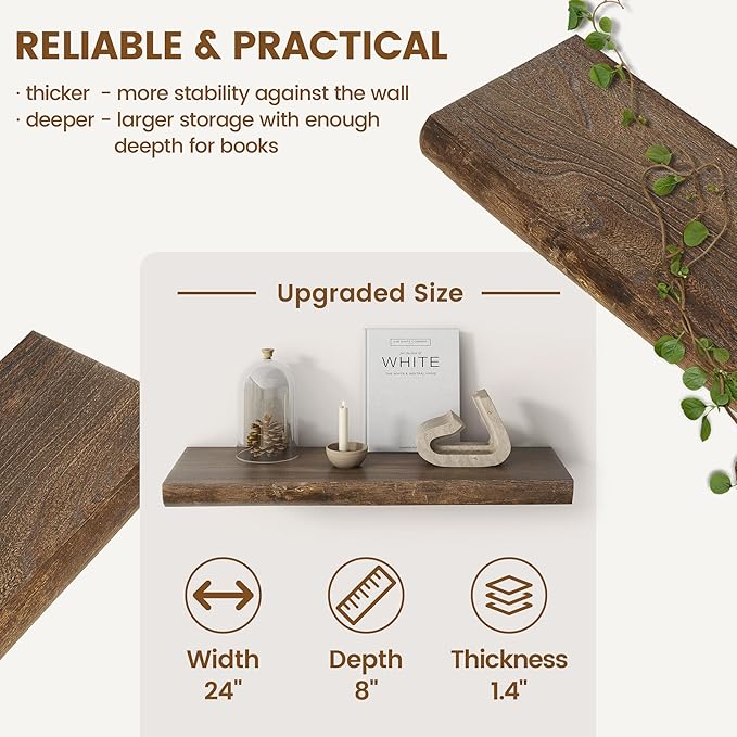 Venusmiles Live Edge Elm Floating Shelves for Wall Decor, Rustic Solid Wood Shevles Wall Mounted with Invisible Bracket for Living Room Bathroom Bedroom Kitchen, 24 Inch Set of 2, Walnut