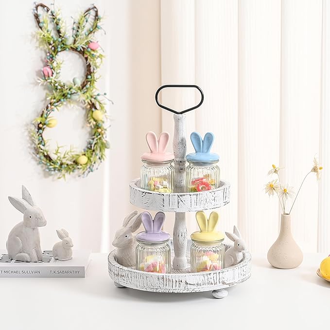 FESTGLOX Glass Easter Candy Jars with Ceramic Bunny Ear Lids, 4Pcs Sealing Bunny Jars in Pastel Colors for Storage, Mini Eggs, Cookies, Tray, Table Centerpiece, Kitchen, Home Spring Decor