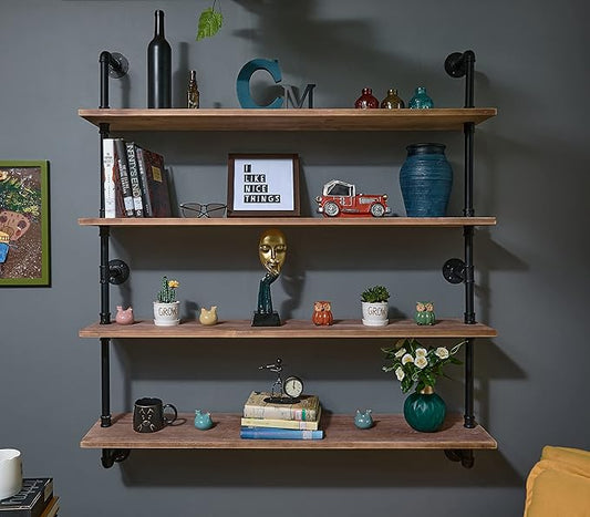 HDDFER Floating Bookshelf Shelves Industrial Pipe Shelving Floating Pipe Shelf with Wood Planks 48 inch Industrial Wall Shelves Rustic Hanging Bookshelf Farmhouse Kitchen Shelving