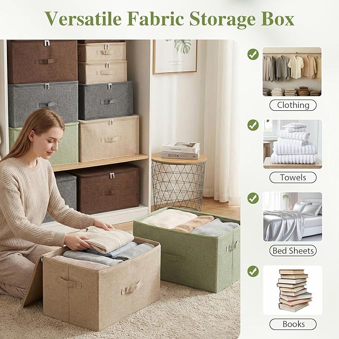 ANMINY 3PCS Storage Bins with Zipper Lids 51.9 Qt Lidded Fabric Storage Boxes Baskets Cubes with Handles Collapsible Washable Cotton Linen Closet Shelf Clothes Organizer - Green, Extra Large