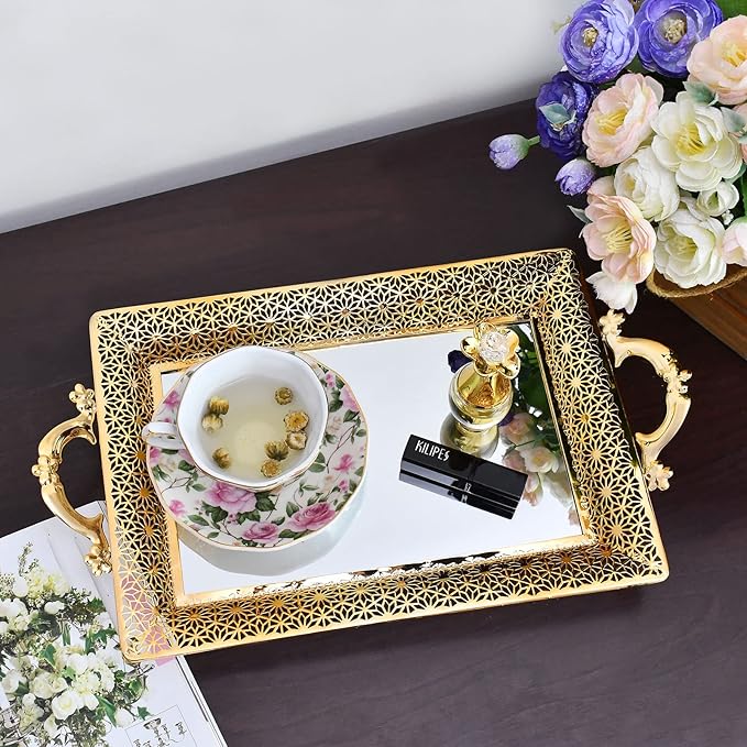 Decorative Glass Mirrored Tray Home Decor Vanity Tray for Dresser Make Up Jewelry Organizer Gold Perfume Tray Rectangle