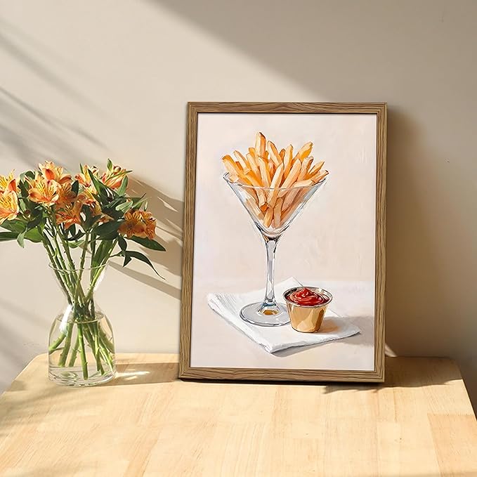 Modern Kitchen Wall Art,Funny Fries in Glass Canvas Wall Decor Painting, Vintage Minimalist Fries Ketchup Food Artwork Prints Pictures for Dining Room Kitchen Decor 12X16 Inch Wood Framed
