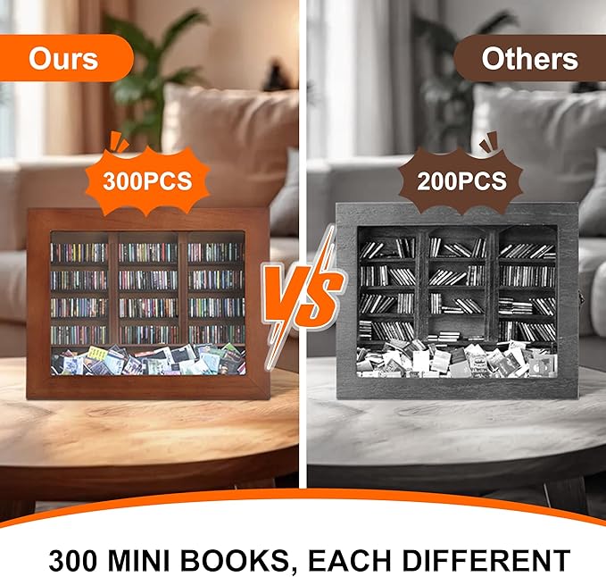 Anxiety Mini Bookshelf Mini Books with 300PCS Mini Bookshelf Shake Away Your Anxiety Wooden Miniature Book Library for Stress Relief, Home and Office Decor, Unique Gift for Book Lovers-Brown