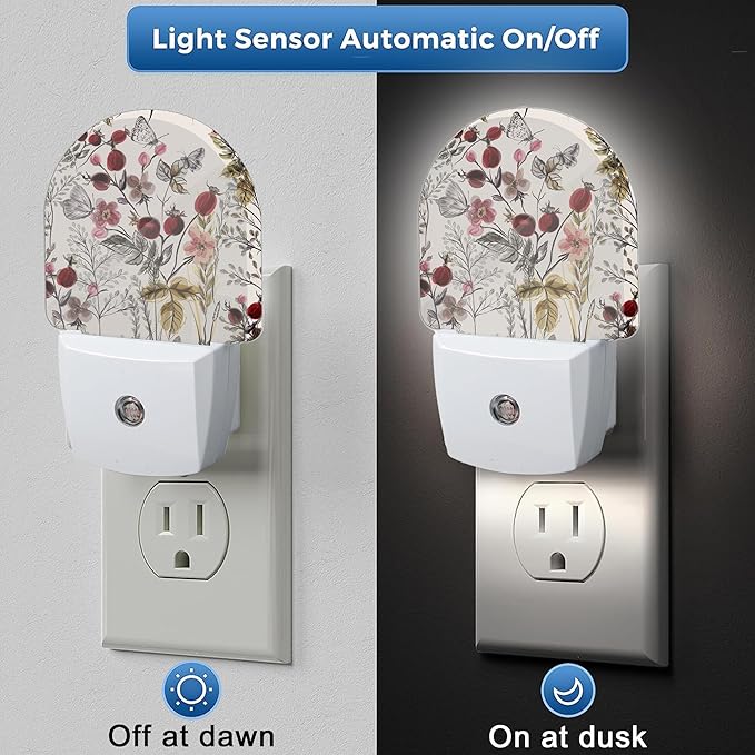 Night Light,Vintage Flower Butterfly Night Lights Plug Into Wall,Dusk to Dawn Sensor for Bedroom,Bathroom and Living Room for Women/Girls Gifts