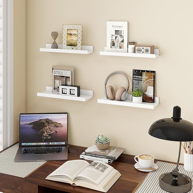 Axeman Picture Ledge Shelf | 16 Inch White Floating Shelves Set of 4 | Rustic Wood Wall Shelves with Lip | 16" Picture Shelves for Wall with Ledge | White Photo Shelves