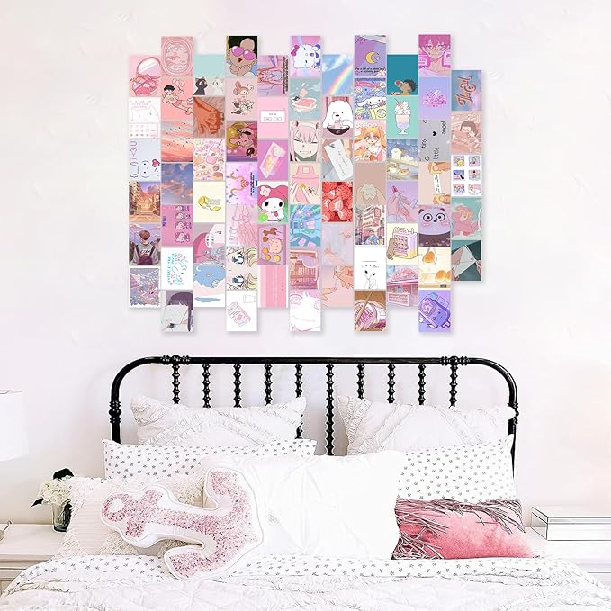 KBKBART Anime Aesthetic Wall Collage Kit, 70pcs Kawaii Room Decor, Pink Cartoon Assembled Print Card Set, Anime Photo Wall Collage Posters for Room Aesthetic, Cute Danish Pastel Wall Art 4x6 for