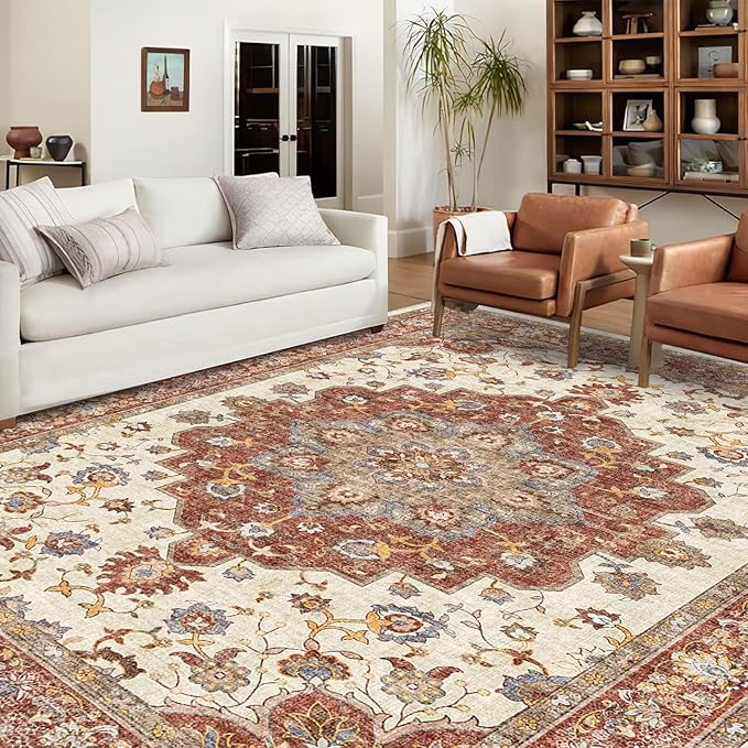TOPRUUG Washable Oriental Area Rug - 10x14 Rugs for Living Room Soft Carpet for Bedroom Waterproof Floral Distressed Indoor Stain Resistant Non-Shedding Floor Carpets (Red, 10X14)
