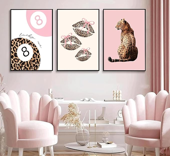 YZLYAD 3Pcs Pink Trendy Leopard Wall Art,Fashion Cheetah Lucky 8-Ball Canvas Posters,Lip Bow Painting Pictures,Preppy Y2k Wall Decor for Bedroom Dormitory Apartment.16x24in Unframed