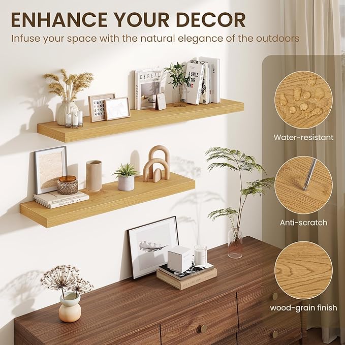 Fun Memories Floating Shelves for Wall - 10" x 10" Wood Shelf with Invisible Bracket - Deep Floating Shelves - 10 Inch Shelf Wall-Mounted for Living Room & Bathroom - Oak - Set of 2