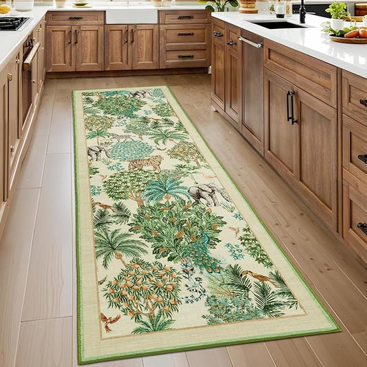 GarveeHome Jungle Rug 2.5x8 Kitchen Runner Rug Non Slip Washable Runners for Hallways, Animal Print Runner Rugs with Rubber Backing Soft Low-Pile Forest Long Carpet for Bedroom Entryway Laundry, Beige