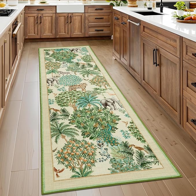 GarveeHome Jungle Rug 2.5x10 Kitchen Runner Rug Non Slip Washable Runners for Hallways, Animal Print Runner Rugs with Rubber Backing Low-Pile Forest Long Carpet for Bedroom Entryway Laundry, Beige