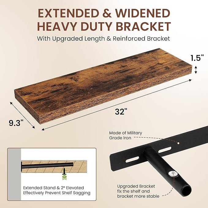 Dreamland 32 Inches Floating Shelves for Wall, 9.3" Deep Long Floating Shelves Set of 2, Large Display & Storage Shelf, Wall Shelf for Bathroom Bedroom Living Room Kitchen Office, Rustic Brown