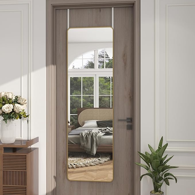 Full Length Door Mirror 14x48, Metal Frame with Protective Film, No-Drilling Hanging or Wall Mount (Horizontal/Vertical), Hooks & Hardware Included, Full Body Mirror for Bedroom, Dorm, Gold