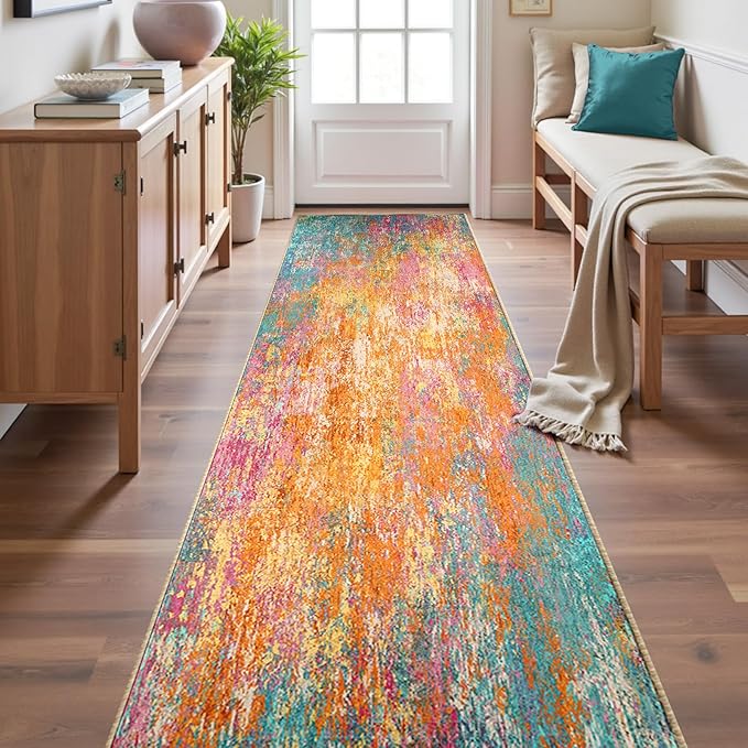 RELEANY Washable Area Rugs 2'x10' Non-Slip Modern Abstract Soft for Living Room Entryway Bedroom Nursery, Print Pattern, Orange Blue Pink Yellow Colorful