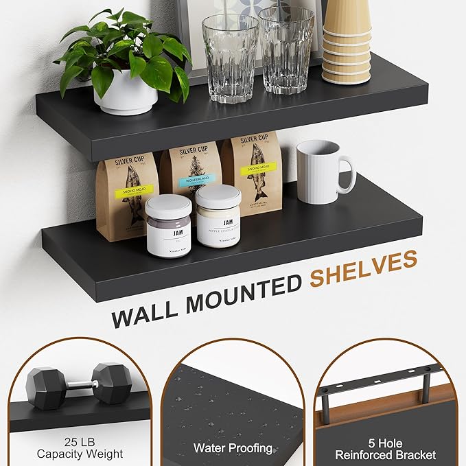 Bellsal 2-Pack Black Modern Floating Shelves, 24" Wall Mounted, Set of 2 Wooden Wall Shelf for Kitchen, Living Room, Bedroom, Bathroom Storage