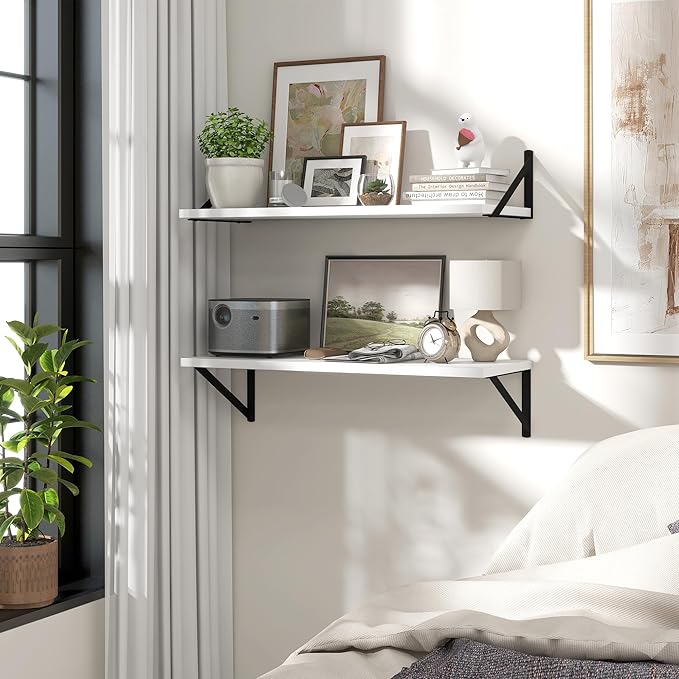 Marsmiles White Floating Shelves for Wall - 30 Inch Wide x 12 Inch Deep Wall Shelves Set of 2 - Wood Floating Shelves for Living Room Bedroom Bathroom