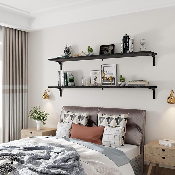 12 Inch Deep Floating Shelves Set of 2, 60 Inch Extra Wide Black Solid Wood Wall Shelves, 5ft Heavy Duty Farmhouse Wall Mounted Shelving for Kitchen, Living Room & Bedroom