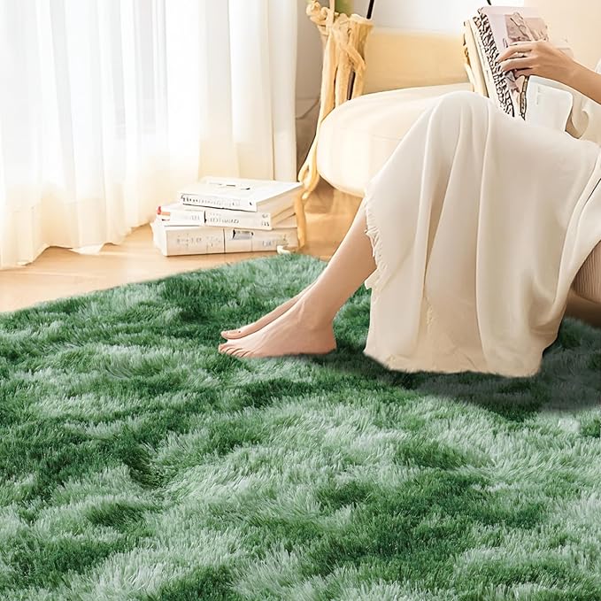 5x7 Fluffy Fuzzy Area Rug for Living Room Bedroom, Ultra Soft Rugs for Living Room, Modern Shaggy Carpets Rug for Boys Girls Dorm Nursery Home Decor Aesthetic, Upgrade Non-Slip Durable, Tie-Dyed Green