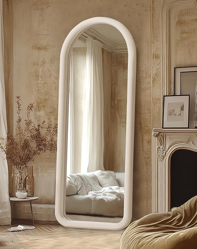Delma Arched Full Length Mirror, Free Standing Floor Velvet Finish Frame Mirror for Leaning or Hanging, Soft Touch Bedroom & Living Room Decor, Cream White