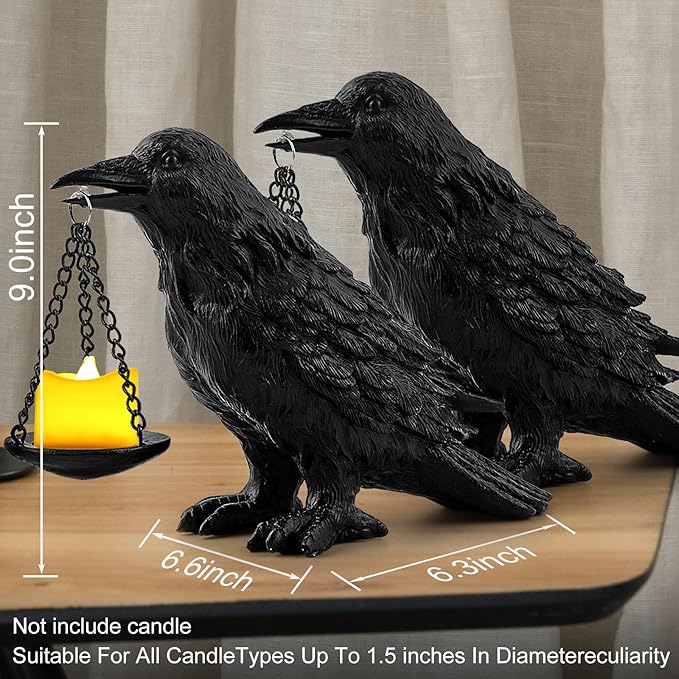 Gothic Crow Lamp with Tealight Candle Holder Resin Raven Decor Statue Gothic Home Decor for Bedroom Unique Goth Gifts Black 2PCS