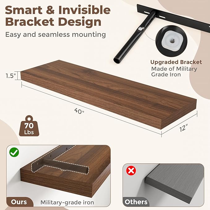 Fun Memories 12 Inch Deep Floating Shelves, 40 x 12 Floating Shelves for Wall Set of 2, Extra Deeper Hanging Wood Wall Shelves for Bedroom, Living Room, Kitchen, Walnut