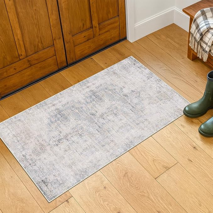 Light Blue 2x4 Runner Rug for Bathroom, Entryway Indoor, Kitchen Floor Waterproof, Powder Room, Washable Non Slip Low Pile Stain & Fade Resistant, Modern Eclectic Dusty Blue Décor
