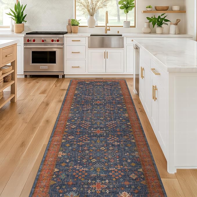 Hazo Haus Navy Blue Runner Rug 2x6 for Kitchen, Hallway, Mudroom, Laundry Room, Bathroom, Washable Non Slip Non Skid Rubber Backing Low Pile Stain Resistance