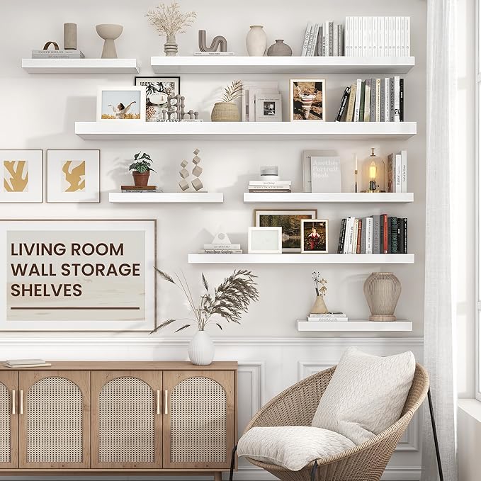 Venusmiles Floating Shelves for Wall 71 inch Long, Engineered Wood Large Wall Shelves with Invisible Brackets for Living Room Bedroom Bathroom Office Kitchen Decor and Storage, White Finish, Set of 1