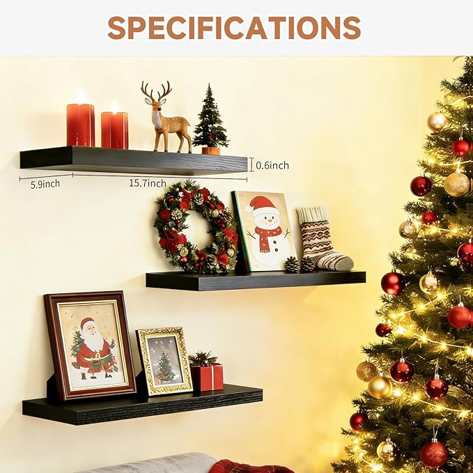 Easy Install Floating Shelves, 15.7 Inch Wall Mounted Wooden Shelf, Small Hanging Shelf for Home Decor, Books and Storage, Organizer for Bedroom, Bathroom, Kitchen, Set of 3, Black