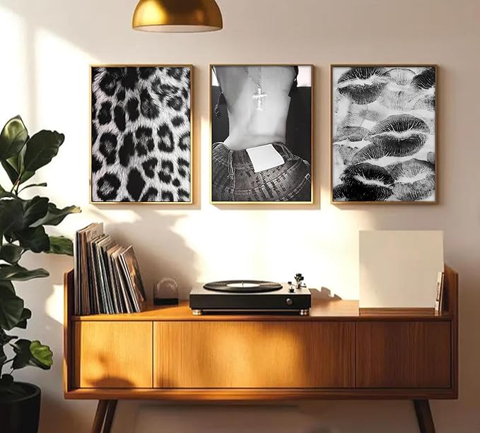 Set of 3 Fashion Chic Wall Art Kiss Lips Poster Leopard Picture Wall Decor Trendy Y2k Print Black and White Aesthetic Girly Room Decor for Bedroom Living Room Dorm Home Decoration Unframed 16"x24"