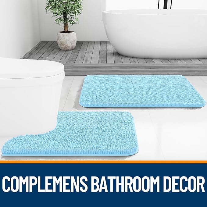 OLANLY Bathroom Runner Rugs 59x24, Soft Absorbent Chenille Bath Rugs, Rubber Backing Quick Dry, Machine Washable Long Bath Mats for Bathroom Floor, Tub and Shower, Home Decor Accessories, Sky Blue