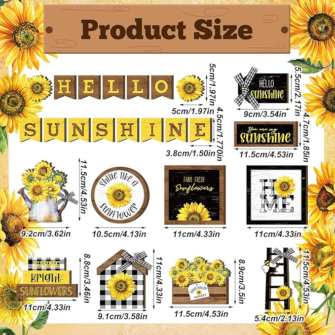 Bucherry 24 Pcs Sunflower Tiered Tray Decor Spring Decorations for Home Farmhouse Decorative Trays Wooden Sign Table Centerpieces for Home Kitchen Shelf Supplies